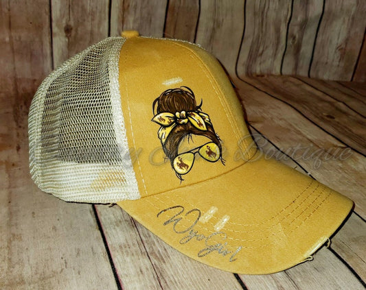 WyoGirl Messy bun face Criss Cross HAT